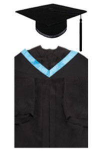 設計教育大學教育學院教育學士畢業袍  黑色灰泥板帽黑色辮子和流蘇 淺藍色披肩 學士畢業袍製衣廠DA198